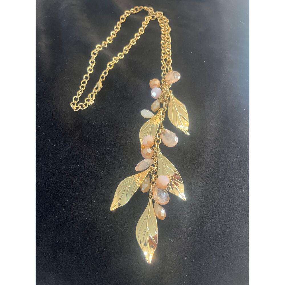 Vintage 17" Gold Leaf and Rose Bead Statement Necklace